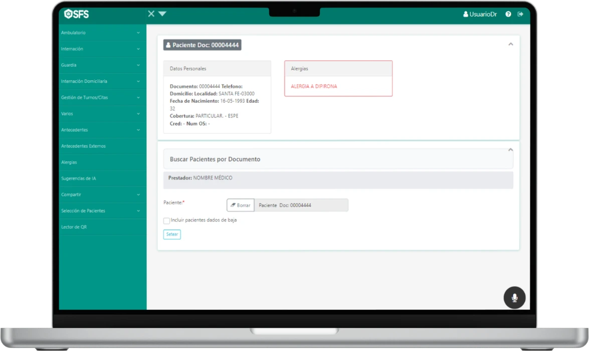 Vista del sistema SFS HealthCare en una notebook